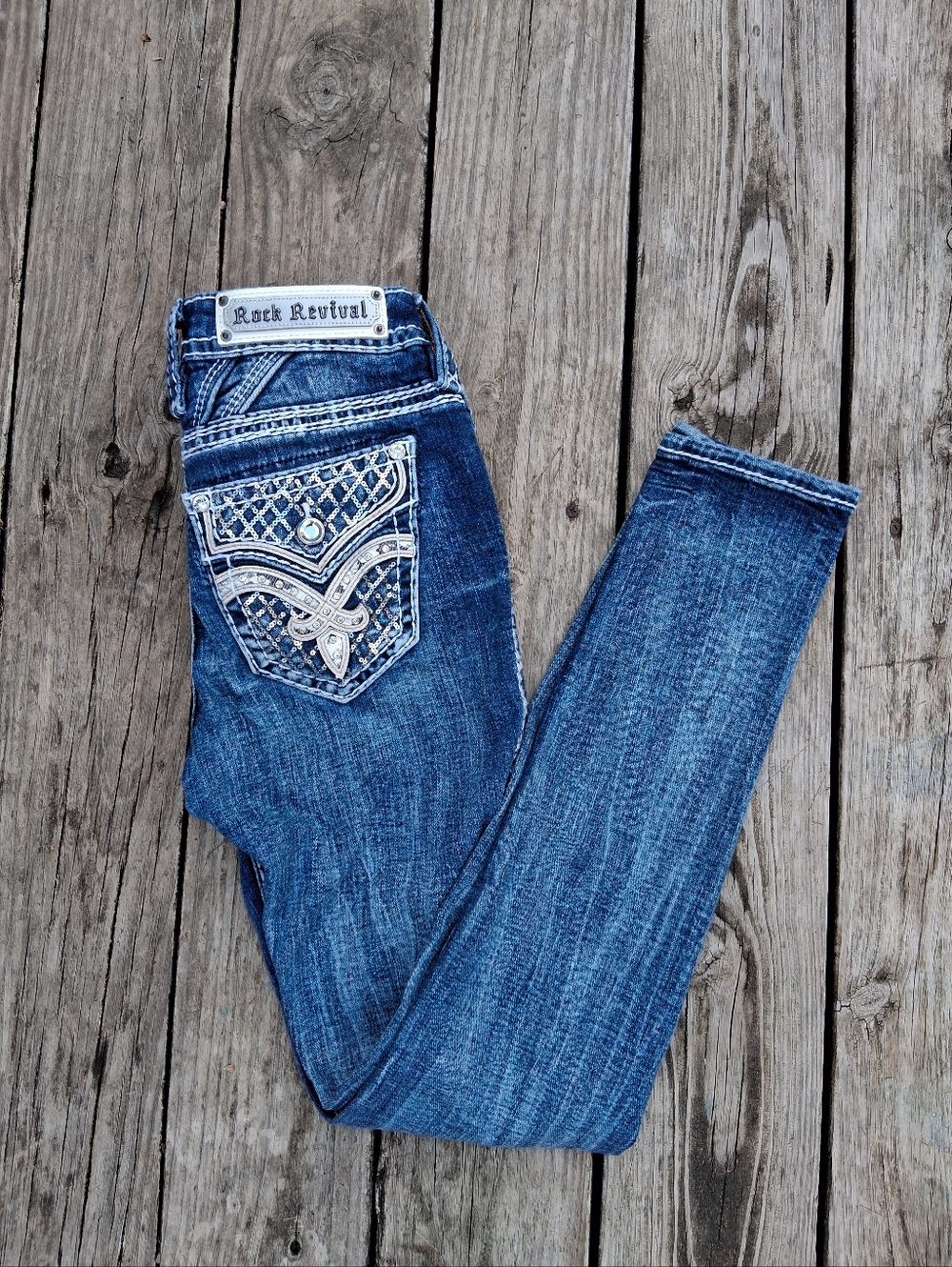 Rock Revival Presley Skinny Jeans Size 27 Rhinestone Sequin Embroidered Pocket
